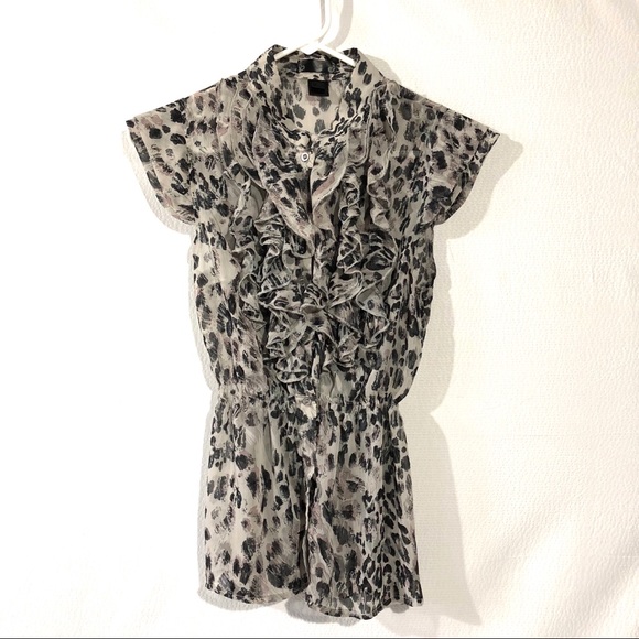 Tops - Sheer Animal Print Ruffled Front Blouse